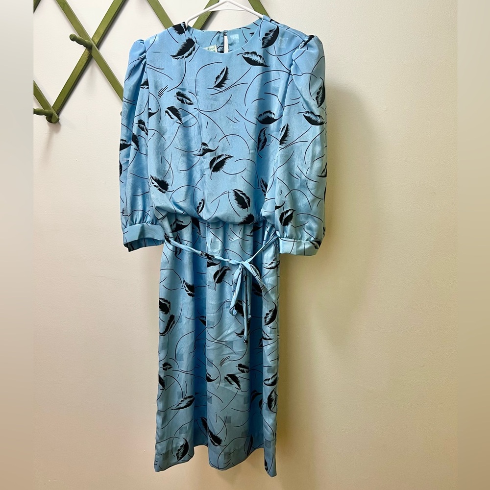 Vintage Blue Dress with Black Leaf Pattern